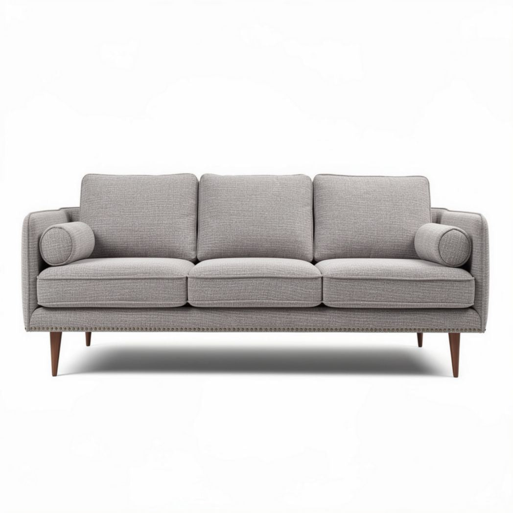 Canapé trois places en tissu gris avec accoudoirs en bois 210 x 90 x 85cm