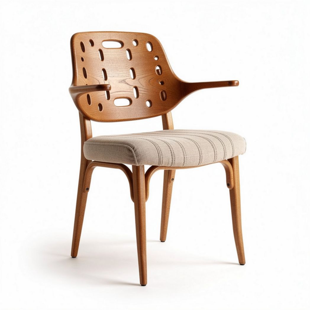 Chaise en bois avec accoudoirs et assise en tissu beige dimensions 45 x 55 x 80cm