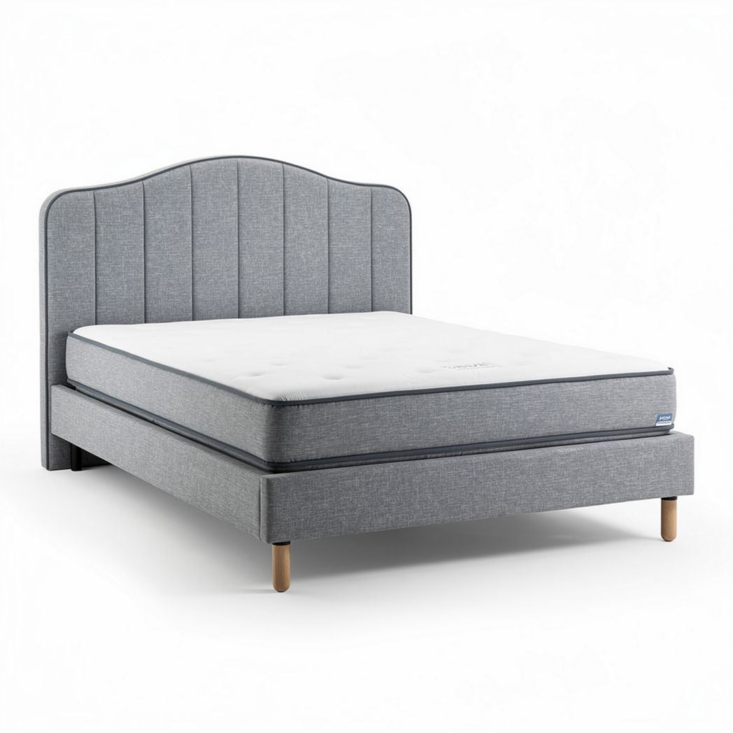 Lit double avec tête de lit rembourrée en tissu gris 200 x 160 x 30cm