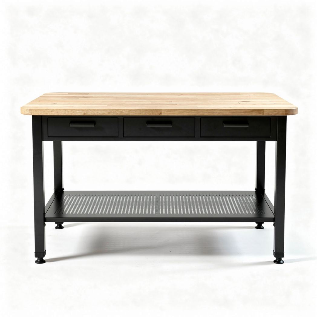 Table de cuisine en bois de hêtre et métal noir avec trois tiroirs 150 x 70 x 90cm