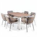 Table à manger en aluminium avec six chaises en rotin et coussins gris 200 x 100 x 75cm