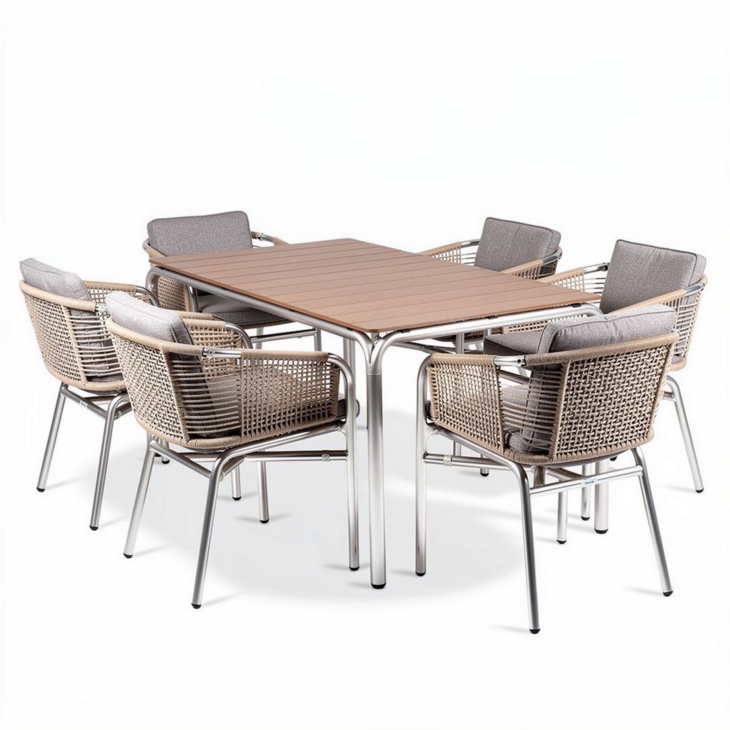 Table à manger en aluminium avec six chaises en rotin et coussins gris 200 x 100 x 75cm