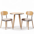 Table ronde en bois avec deux chaises en métal et tissu gris 90 x 90 x 75cm