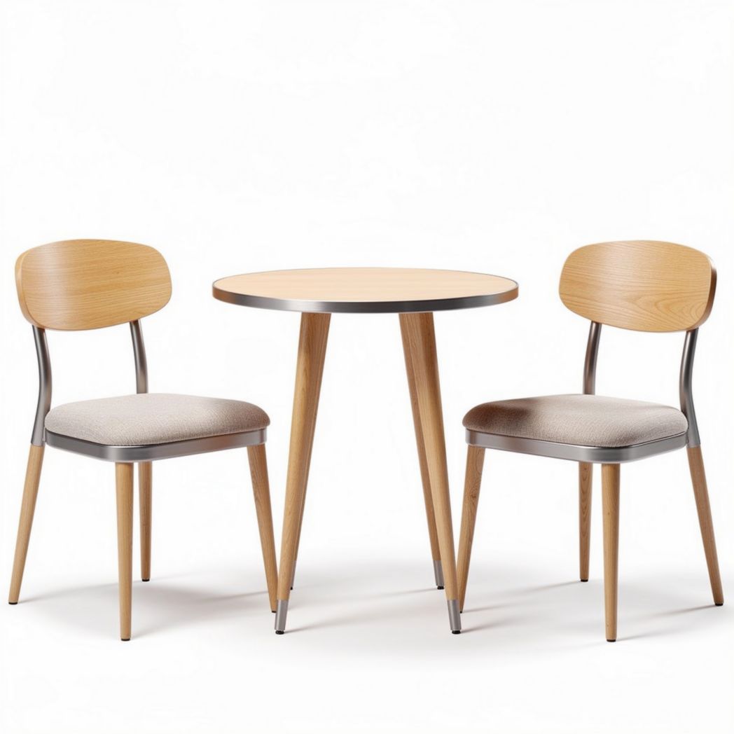 Table ronde en bois avec deux chaises en métal et tissu gris 90 x 90 x 75cm